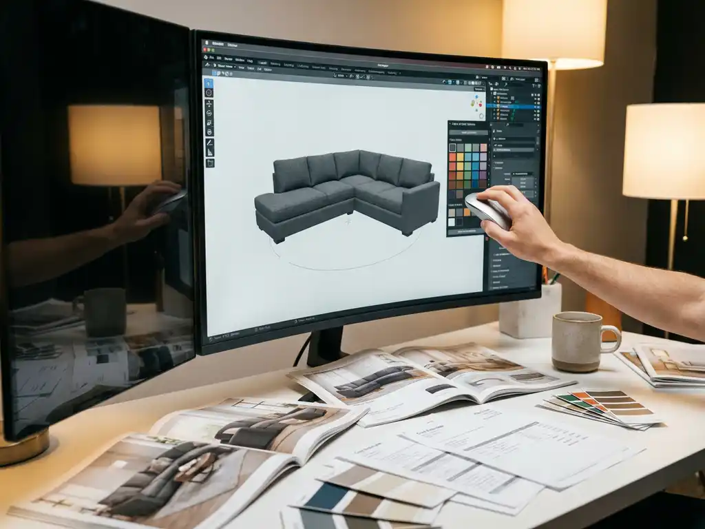 Designer customizing modern sofa on computer monitor with wireless mouse, furniture catalogs and cost papers on desk