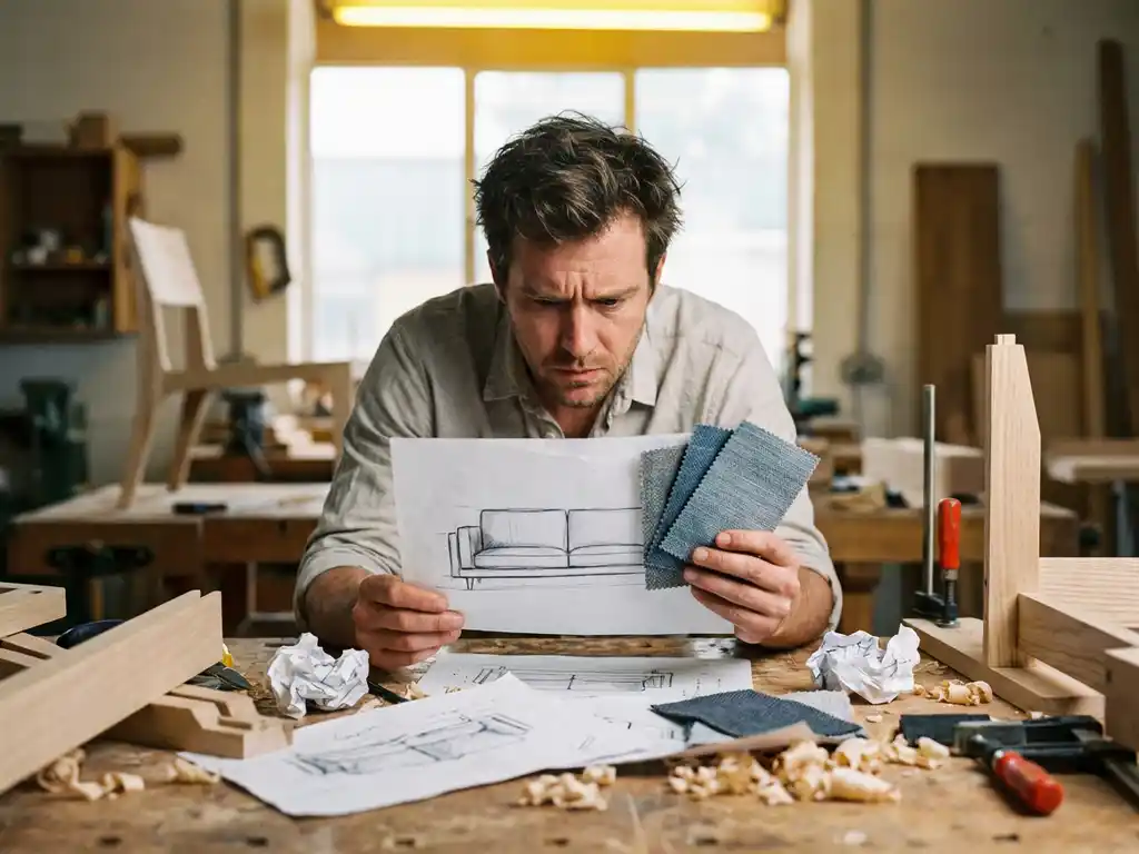 Frustrated furniture designer examining sofa sketches and fabric swatches at cluttered workshop table with wood prototypes