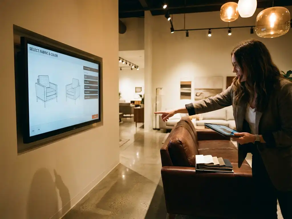 Customer comparing sofa fabric options on interactive touchscreen display in modern furniture showroom with elegant leather sofa