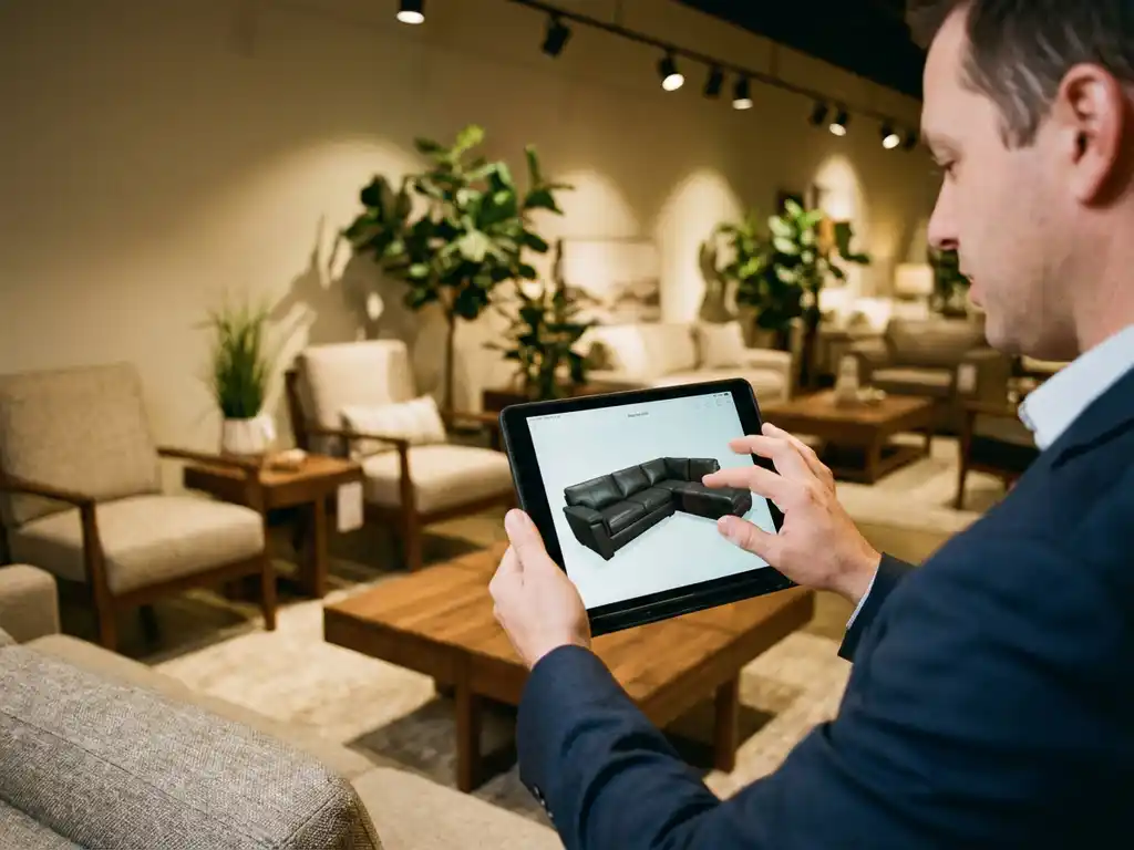 Sales representative showing customer 3D sofa customization on tablet in modern furniture showroom with warm lighting.