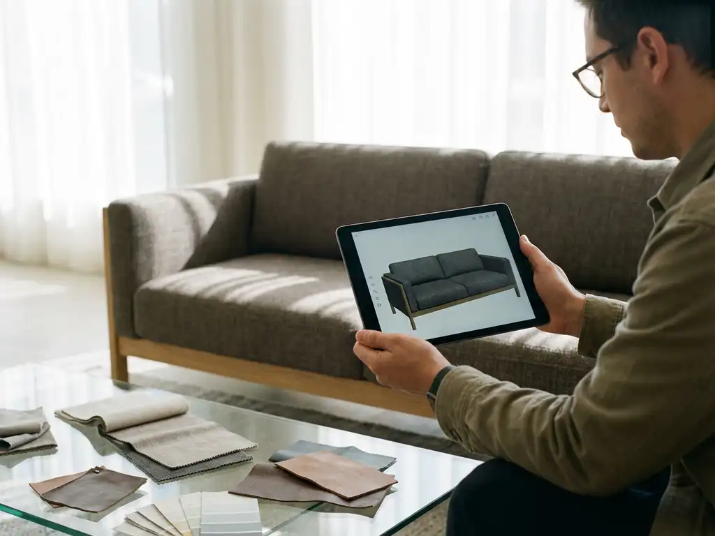 Person holding tablet showing 3D furniture model while examining matching modern sofa in showroom with fabric samples on table