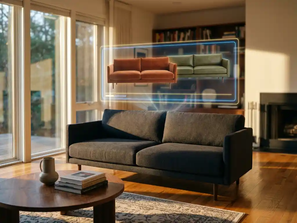 Modern sofa in sunlit living room with holographic overlay showing color variations, hardwood floors and coffee table