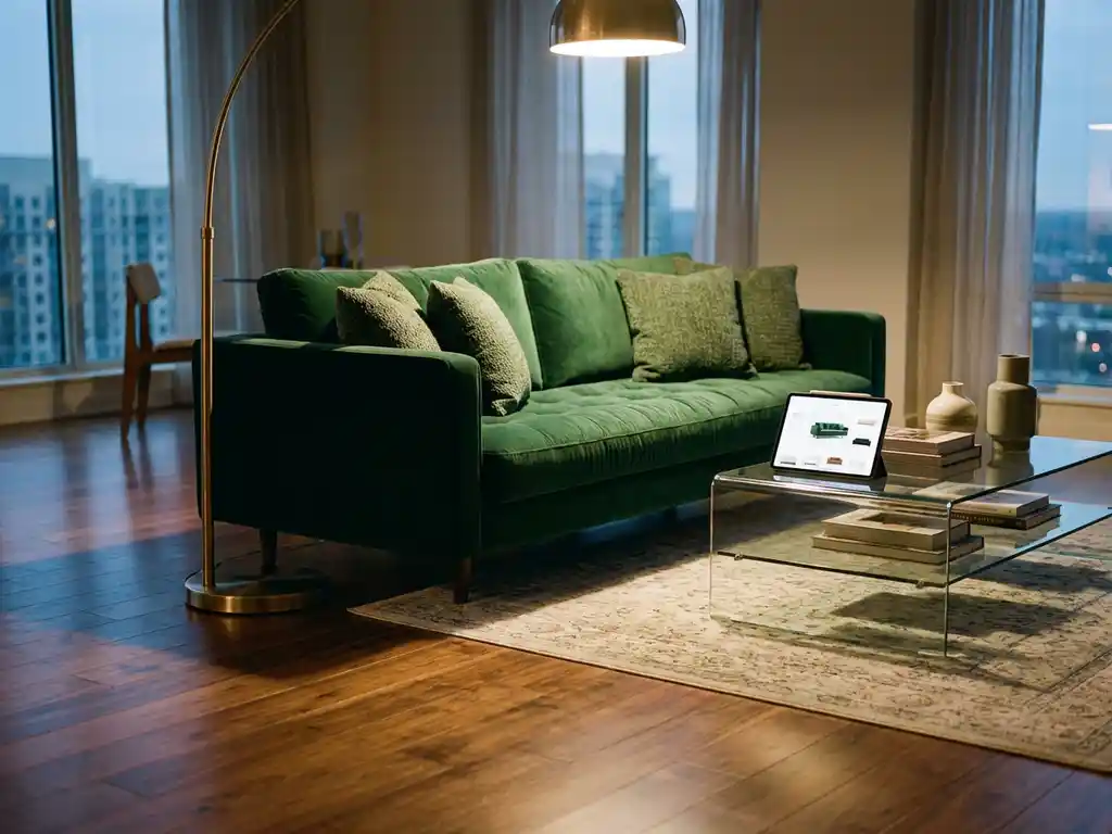 Luxurious modern living room with emerald green velvet sofa, glass coffee table, and warm ambient lighting on hardwood floors.