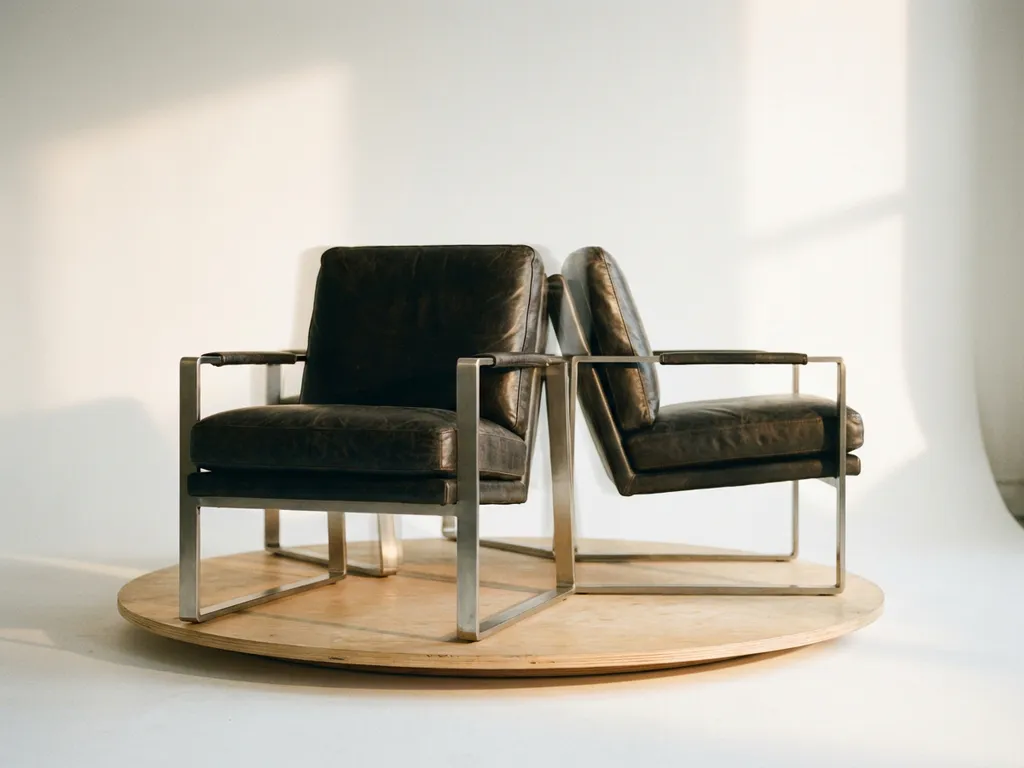 Modern leather armchair rotating on wooden turntable showing multiple angles with motion blur in professional studio lighting.