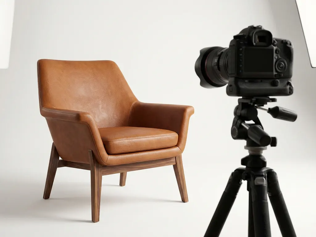Modern leather armchair with wooden legs in bright photography studio next to DSLR camera on tripod with white backdrop
