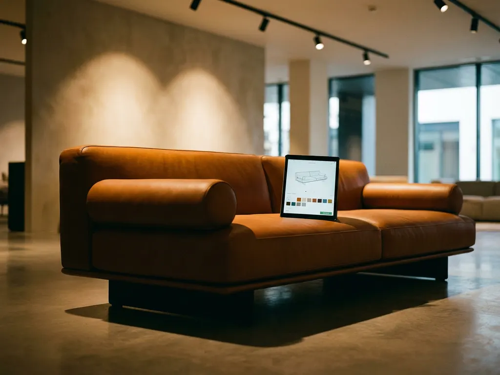 Modern leather sofa in elegant showroom with tablet displaying 3D furniture customization options on armrest