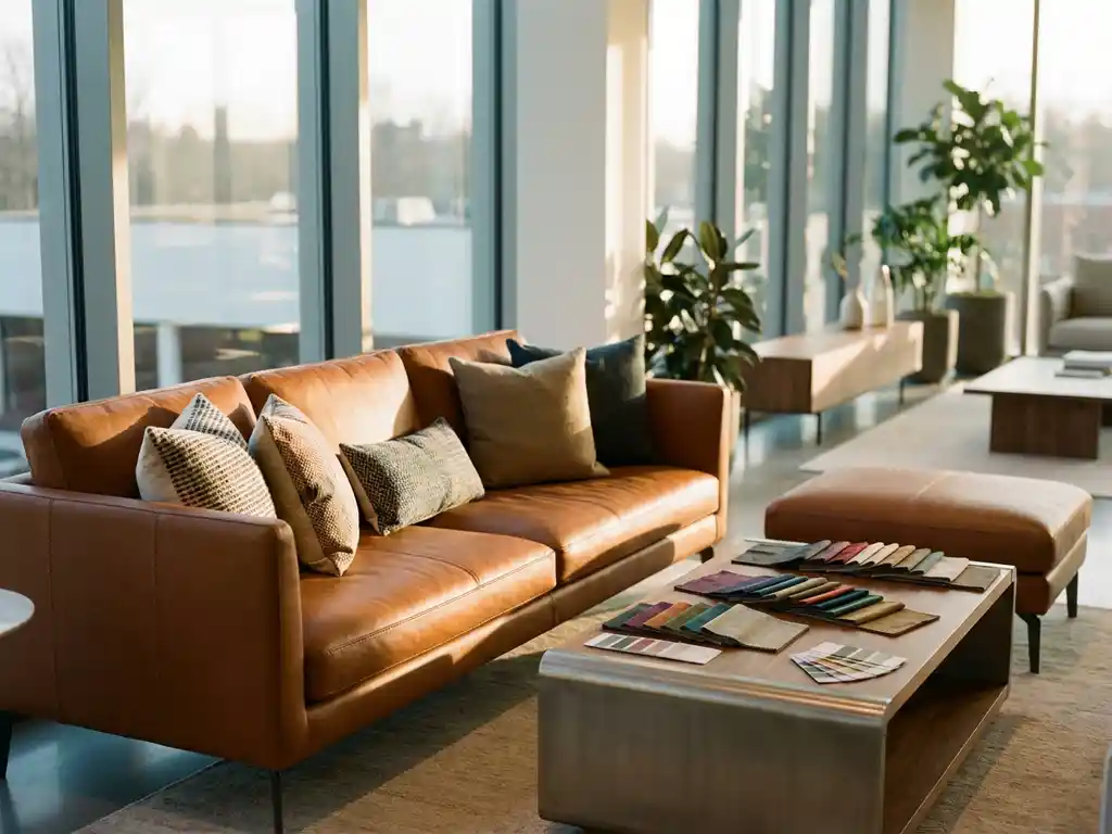 Modern leather sofa with customizable throw pillows and ottoman in elegant showroom with fabric swatches on coffee table