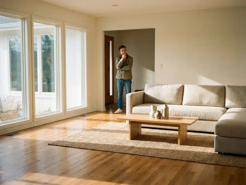 Person with confused expression standing in doorway of modern living room with empty sofa, coffee table, and sunlight streaming through windows.