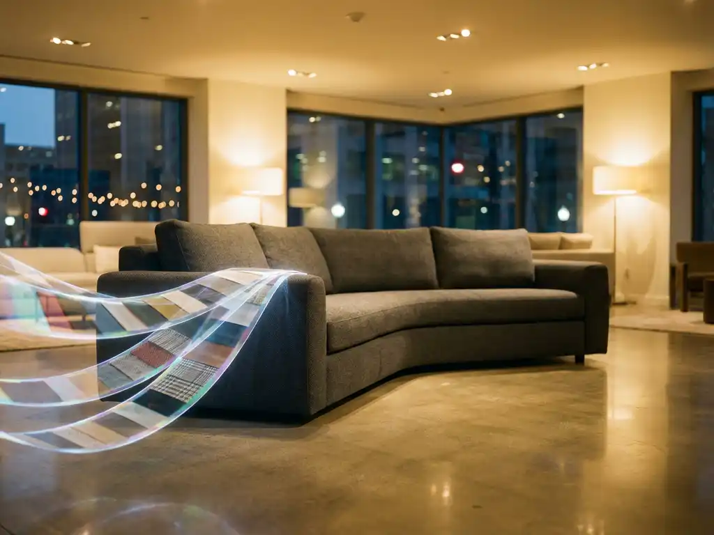 Modern sofa with 3D customization fabric swatches flowing from armrest in contemporary showroom with ambient lighting