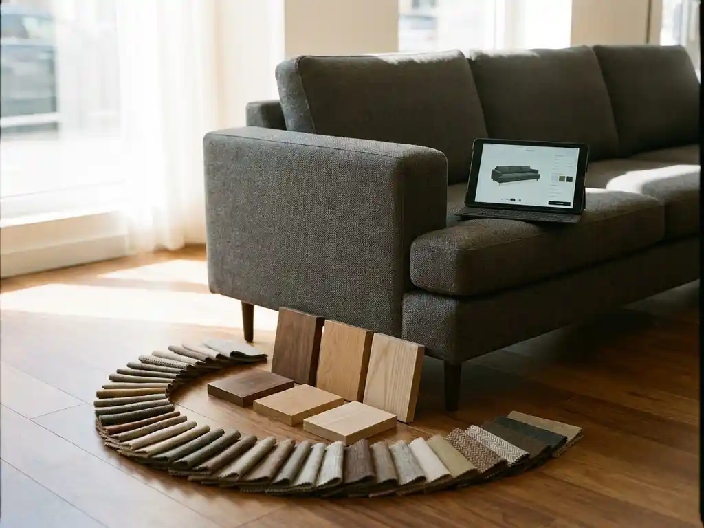 Modern sofa with fabric swatches and wood samples on floor, tablet showing 3D furniture configurator on armrest
