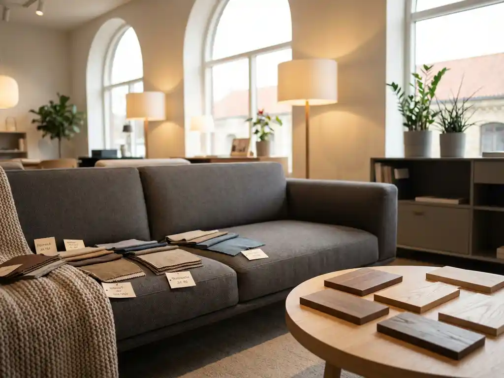 Modern sofa with fabric swatches and coffee table with wood samples in naturally lit contemporary furniture showroom