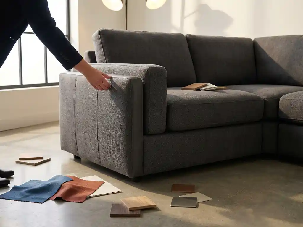 Modern sofa being customized with fabric swatches around base, designer adjusting armrest in bright studio setting.