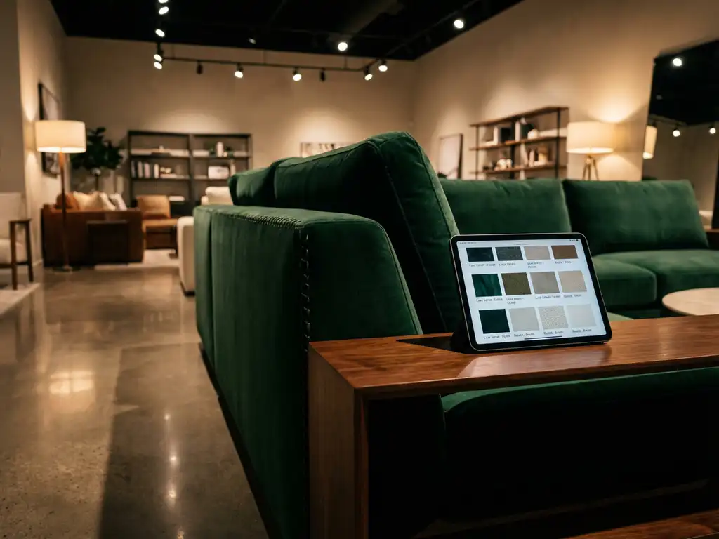 Modern emerald green velvet sofa with digital tablet showing fabric swatches in luxury furniture showroom