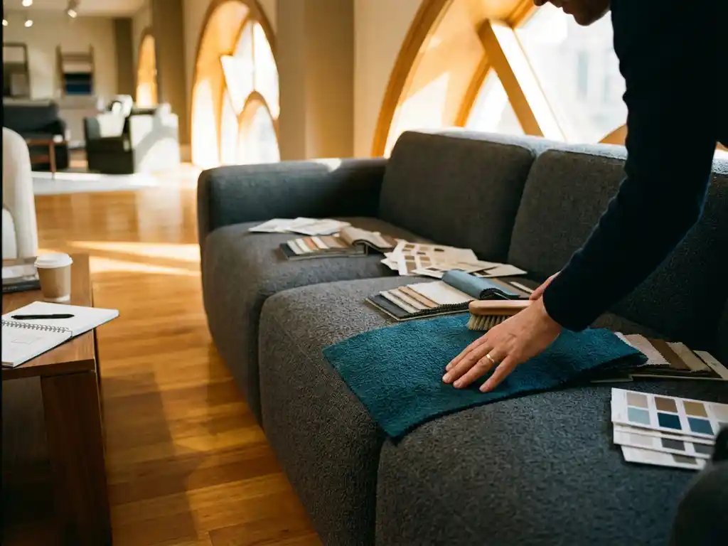 Customer selecting fabric upholstery for modern sofa in furniture showroom with scattered color samples on surface