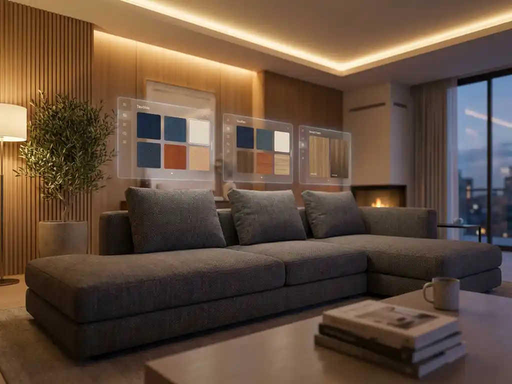 Modern sofa with holographic screens displaying furniture customization options in contemporary living room setting