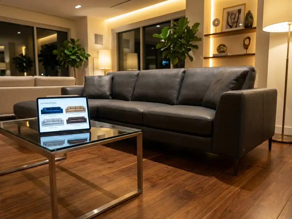 Modern leather sofa in elegant showroom with tablet displaying fabric options on coffee table, warm lighting on hardwood floors