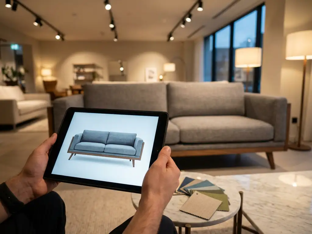 Modern sofa displayed on tablet screen with matching physical sofa behind in showroom with fabric swatches nearby