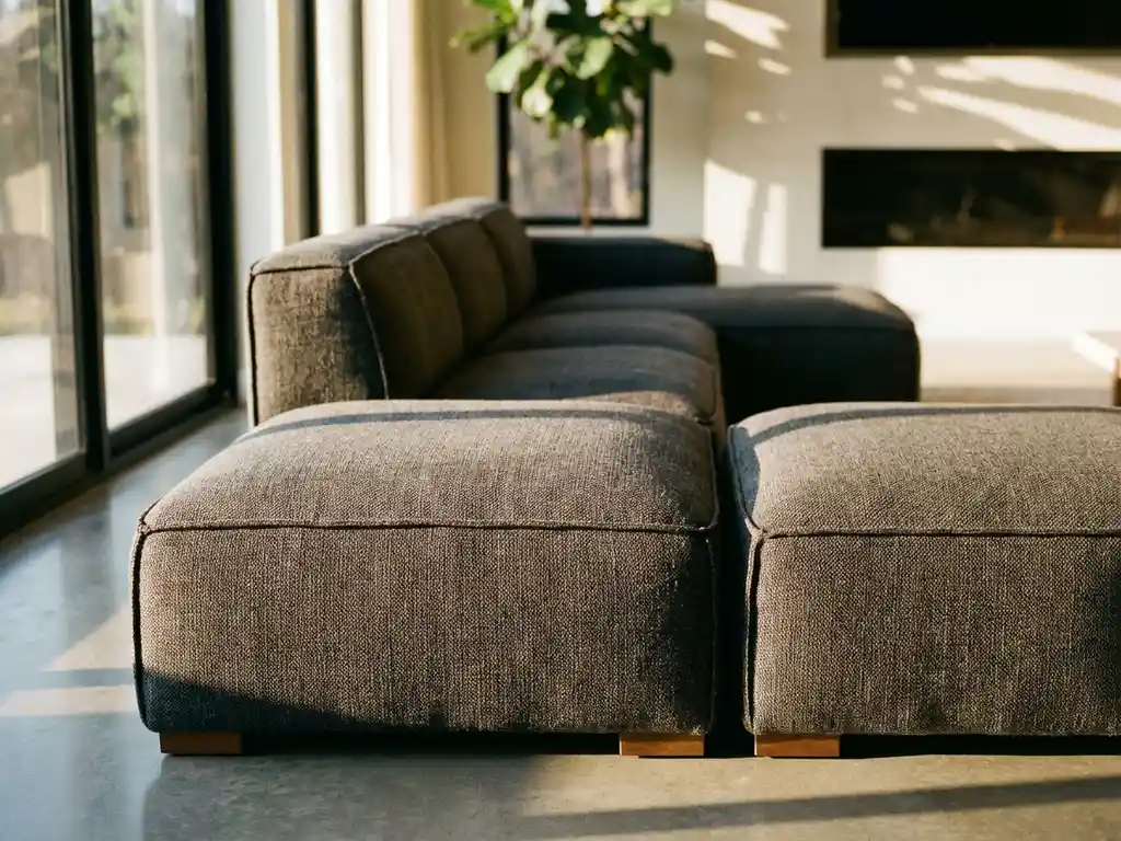 Luxurious modular sectional sofa with distinct cushion segments in elegant modern living room with natural sunlight