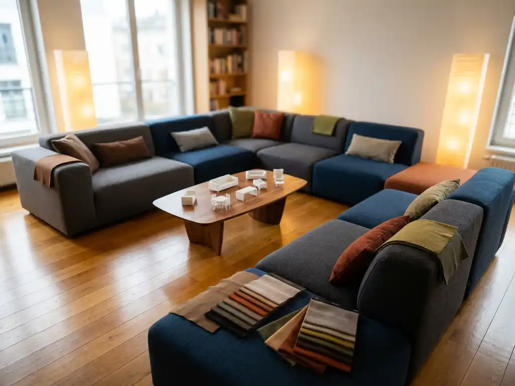 Modern living room with elegant modular sofa system, fabric swatches, miniature furniture models on coffee table, warm lighting