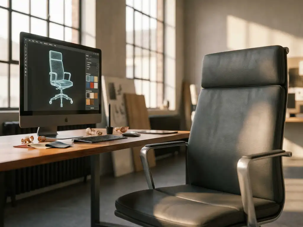 Modern office chair beside computer workstation displaying 3D chair configurator with customizable fabric options on wooden desk