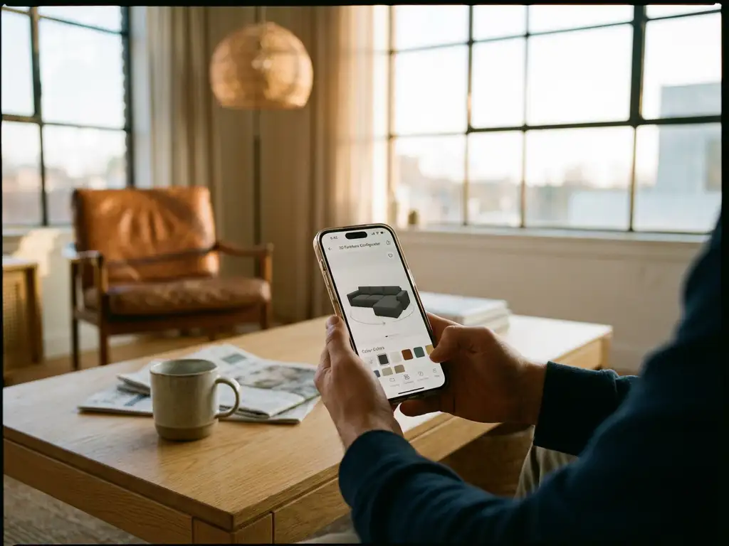 Hands holding smartphone showing 3D furniture configurator app with rotating sofa model on wooden table in modern living room