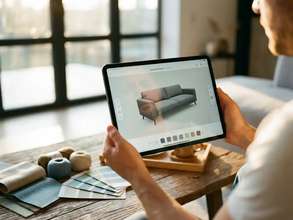 Person using tablet with 3D sofa configurator app, showing customizable fabric options above physical samples on table