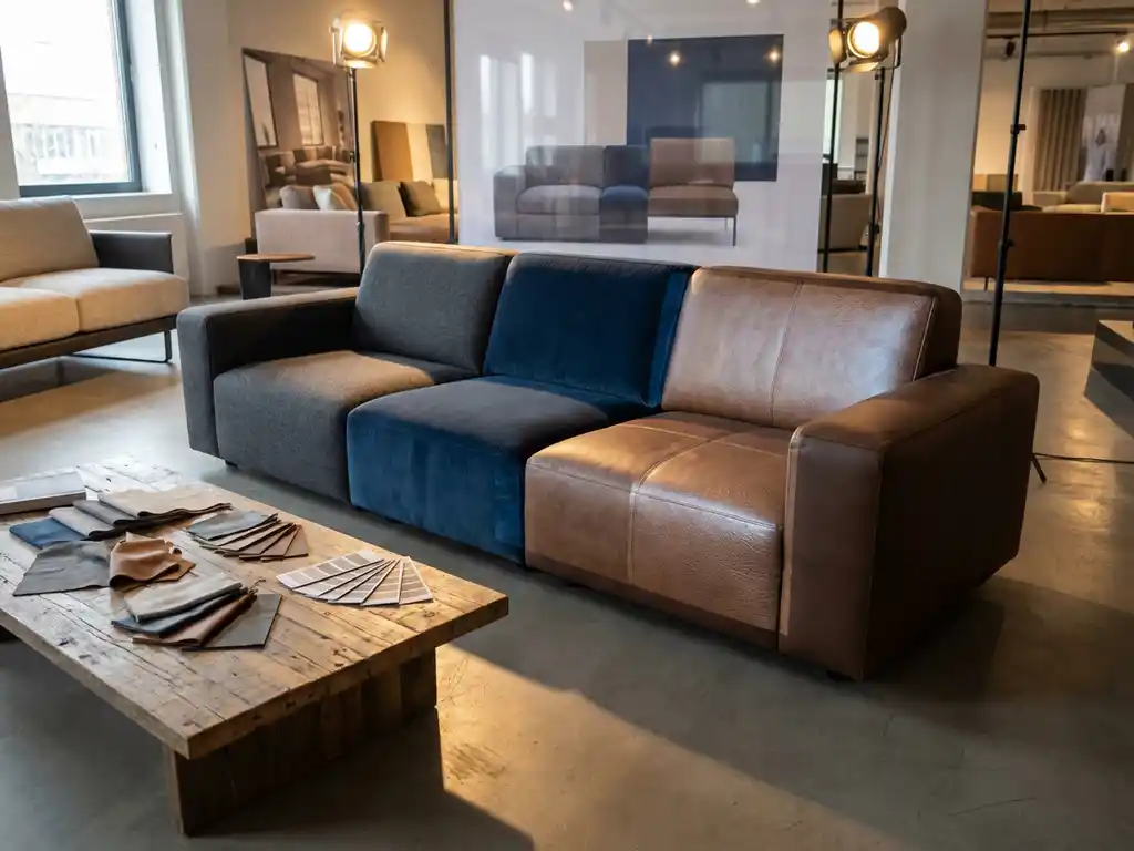 Modern sofa with customizable upholstery options displayed alongside fabric swatches on wooden coffee table in showroom