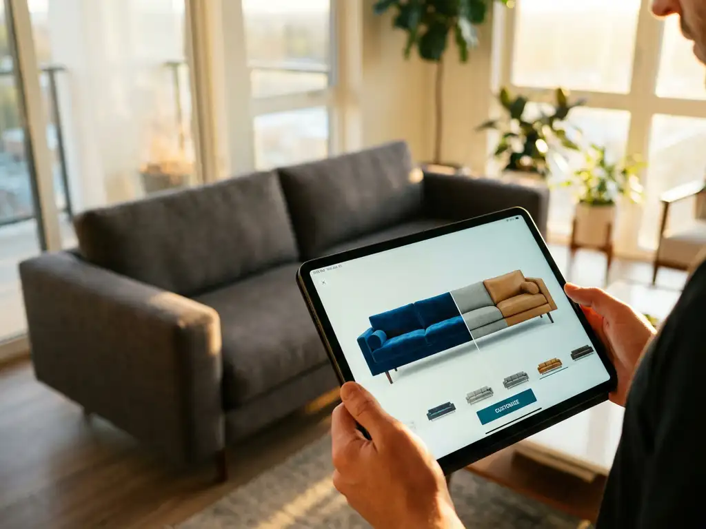 Person holding tablet displaying customizable modern sofa with fabric options in bright contemporary living room
