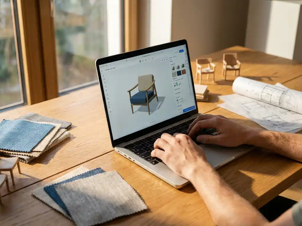 Laptop displaying 3D furniture configurator on wooden desk with fabric swatches, miniature furniture models, and architectural sketches
