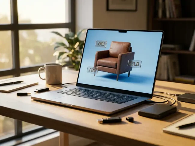 Laptop displaying 3D furniture chair model with floating file format tags OBJ, FBX, GLB on minimalist desk with storage devices