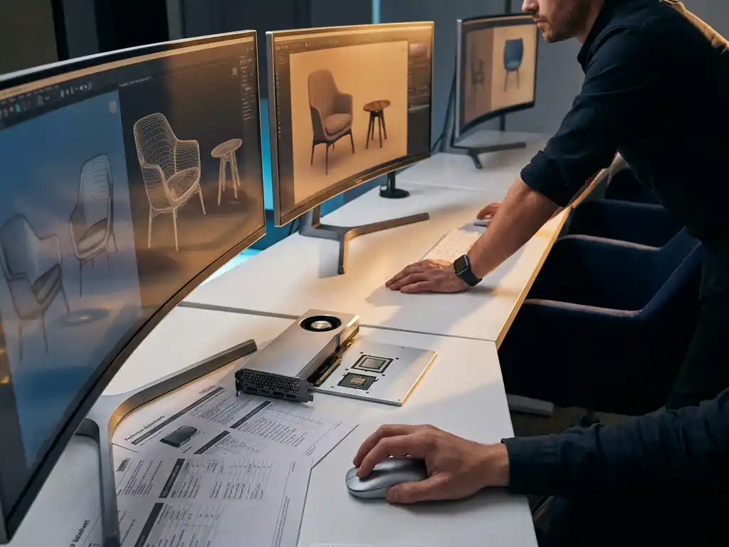 High-end computer workstation with multiple monitors displaying 3D furniture models, surrounded by graphics cards and technical specifications in modern office