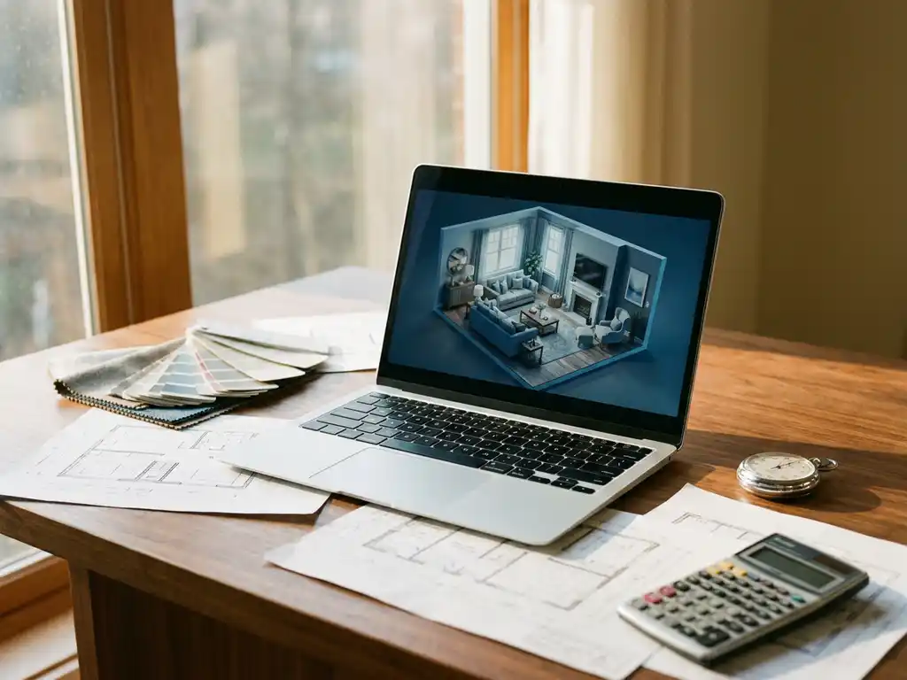 Modern laptop showing 3D furniture room visualization on wooden desk with paper sketches, color swatches, stopwatch and calculator nearby