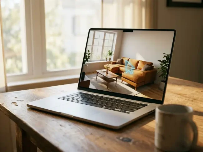 Modern laptop on wooden desk displaying 3D furniture visualization software with customizable sofa in realistic living room scene
