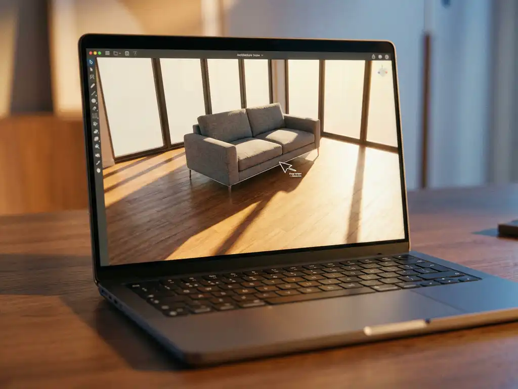 Modern sofa being positioned in bright living room displayed on laptop screen with realistic shadows and natural lighting