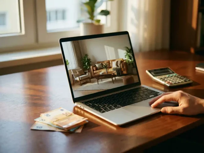 Laptop displaying 3D furnished living room on wooden desk beside euro banknotes and calculator in warm sunlight
