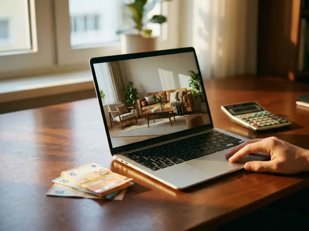 Laptop displaying 3D furnished living room on wooden desk beside euro banknotes and calculator in warm sunlight