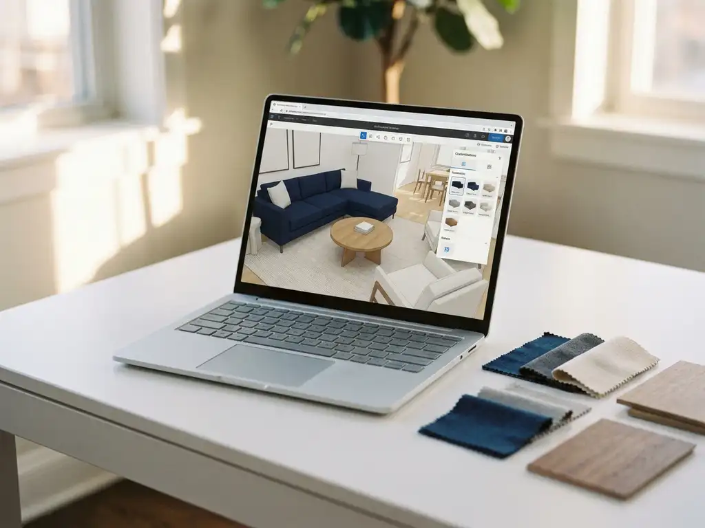 Laptop on white desk displaying 3D interior design software with customizable living room, surrounded by fabric swatches and wood samples in natural light
