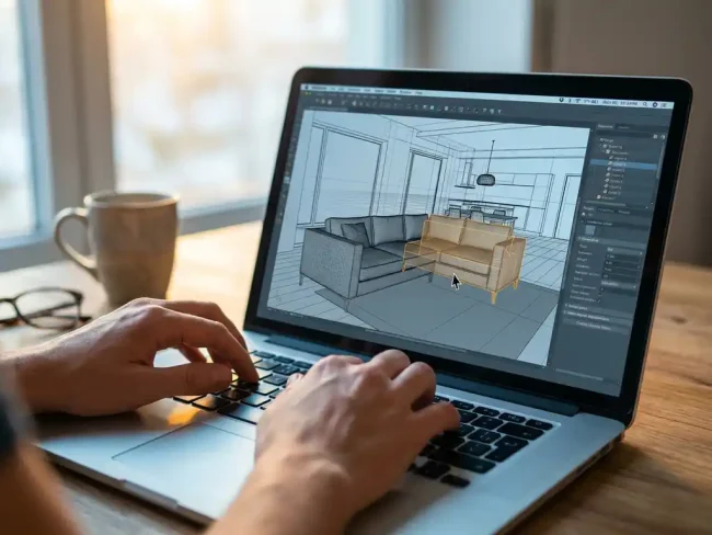 Laptop displaying 3D living room model with modern sofa being repositioned in real-time on wooden desk in natural light