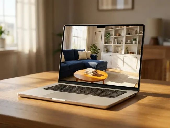 Laptop screen displaying 3D room layout with modern sofa, coffee table, and bookshelf in realistic proportions on oak desk