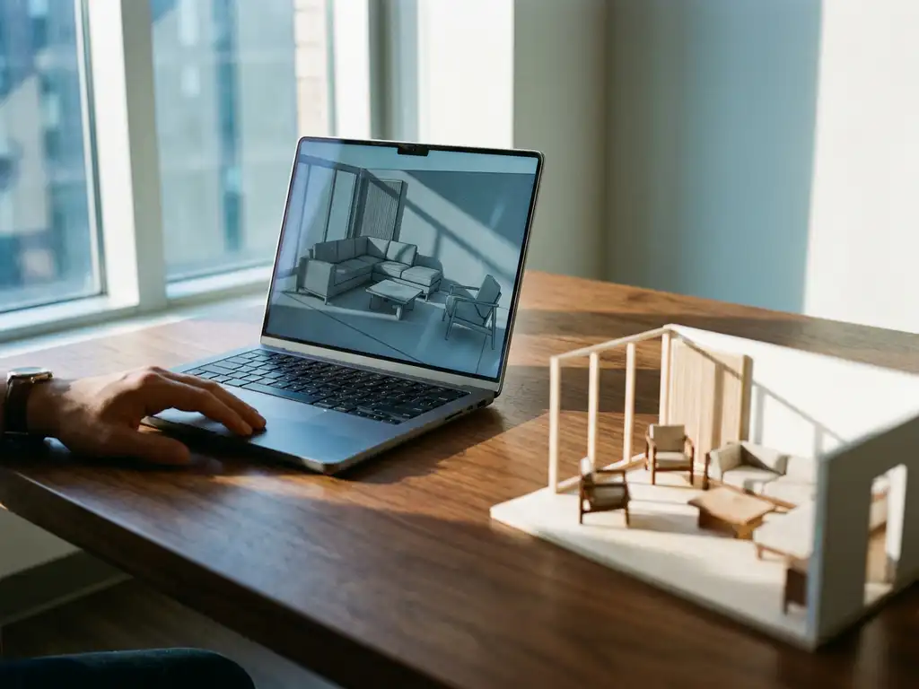 Laptop displaying 3D room layout software beside miniature furniture showroom model on wooden desk with natural window lighting