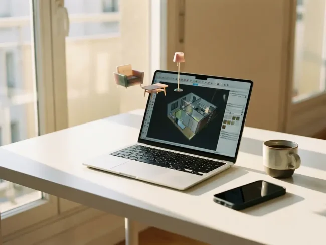 Laptop displaying 3D room design software with colorful furniture models floating above screen on white desk with coffee cup