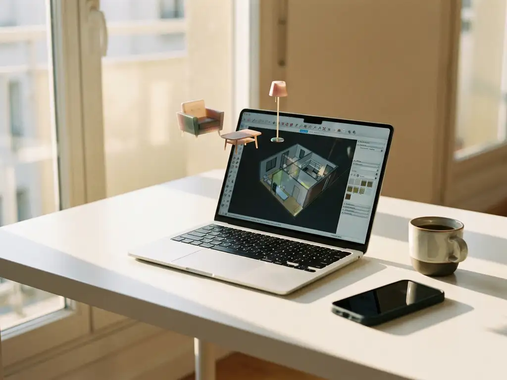 Laptop displaying 3D room design software with colorful furniture models floating above screen on white desk with coffee cup