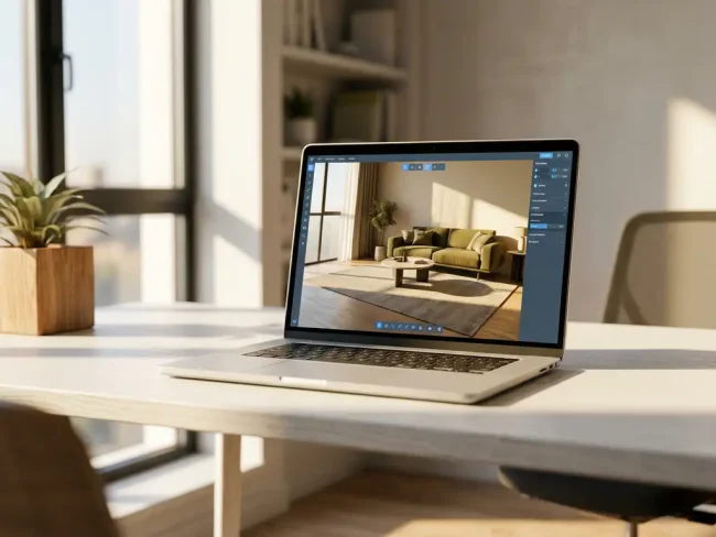 Laptop displaying 3D interior design software with modern furniture layout on white desk in bright contemporary office
