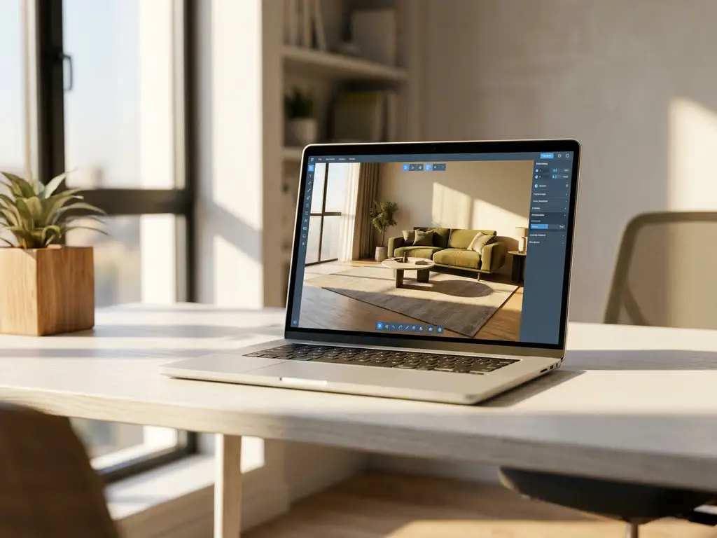 Laptop displaying 3D interior design software with modern furniture layout on white desk in bright contemporary office