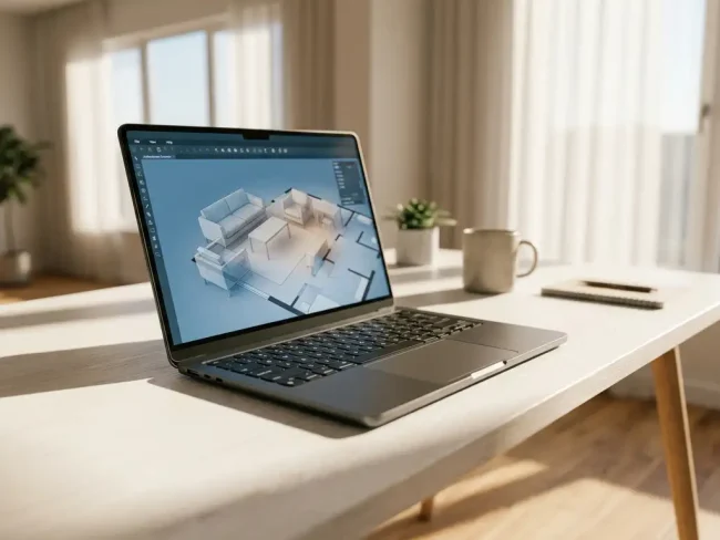 Laptop displaying 3D room layout with floating furniture on modern white desk in bright contemporary office