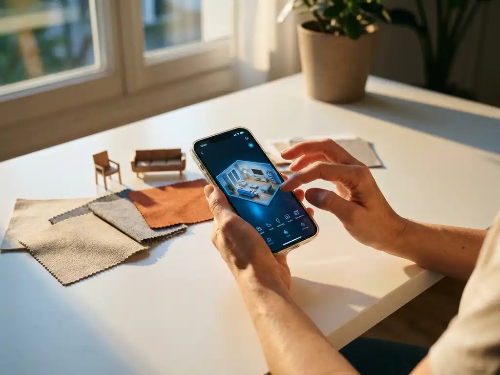 Smartphone showing 3D room layout on white desk with fabric swatches and miniature furniture samples in warm sunlight