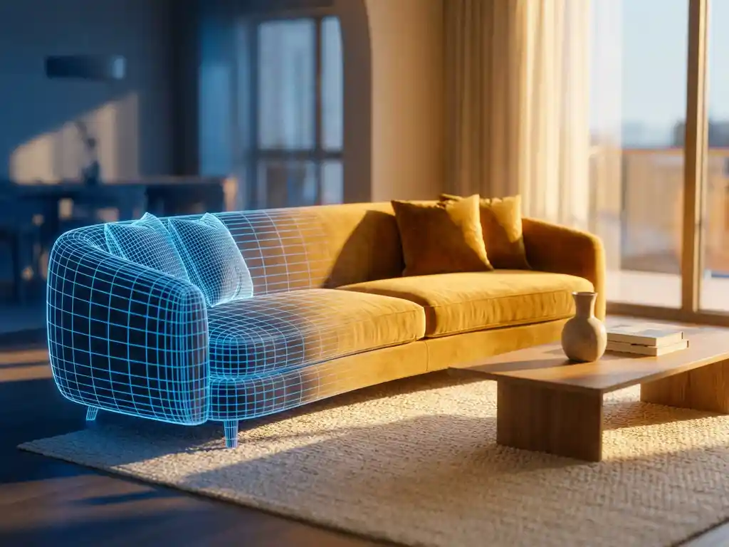 Modern living room sofa transitioning from wireframe 3D model to photorealistic furniture with sunlight streaming through windows