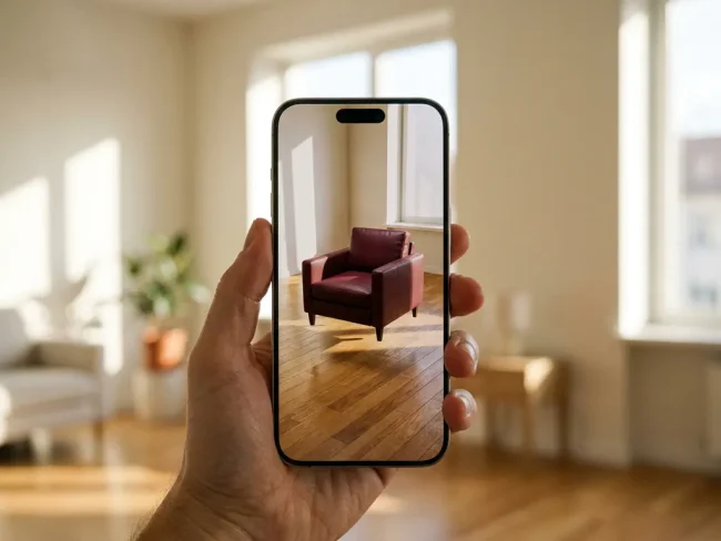 Smartphone screen showing 3D rendered burgundy leather armchair in bright minimalist living room with hardwood floors and natural sunlight