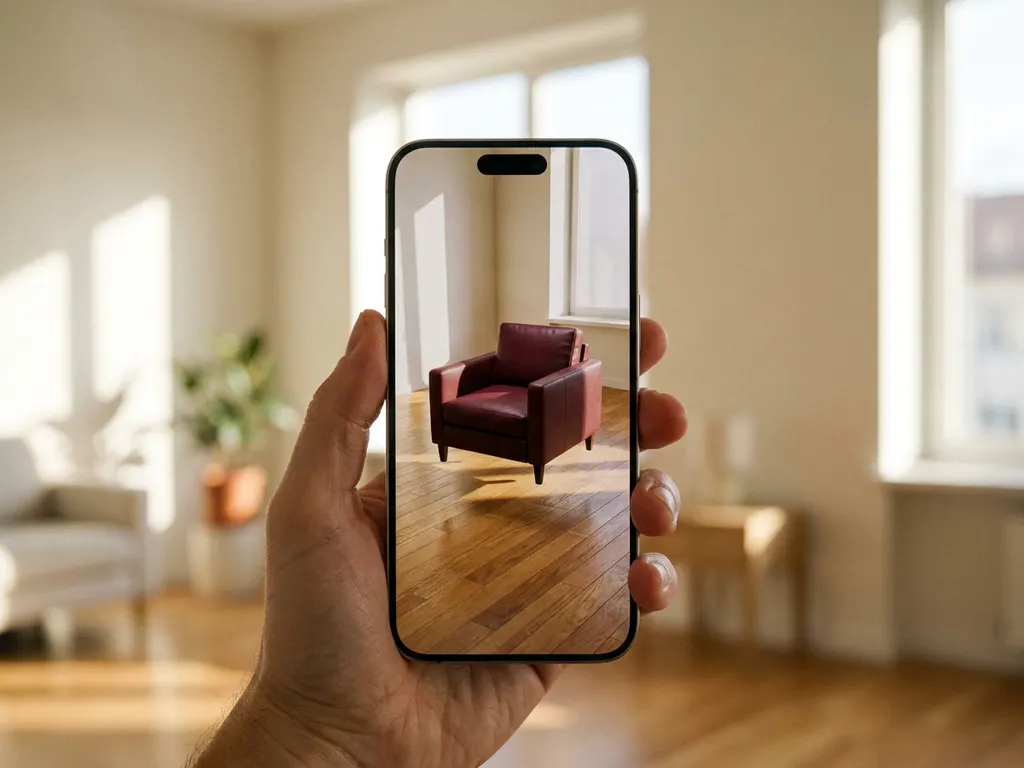 Smartphone screen showing 3D rendered burgundy leather armchair in bright minimalist living room with hardwood floors and natural sunlight