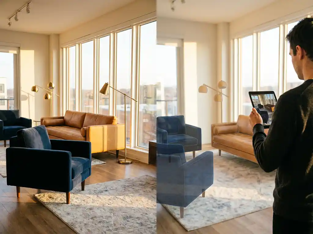 Modern living room showing traditional furniture showroom on left and person using tablet for AR furniture visualization on right, bathed in golden hour light through large windows.